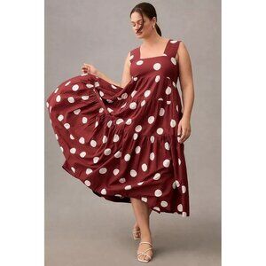 ANTHROPOLOGIE Helena Square Neck Babydoll Burgundy Polka Dot Tiered Dress XXSP